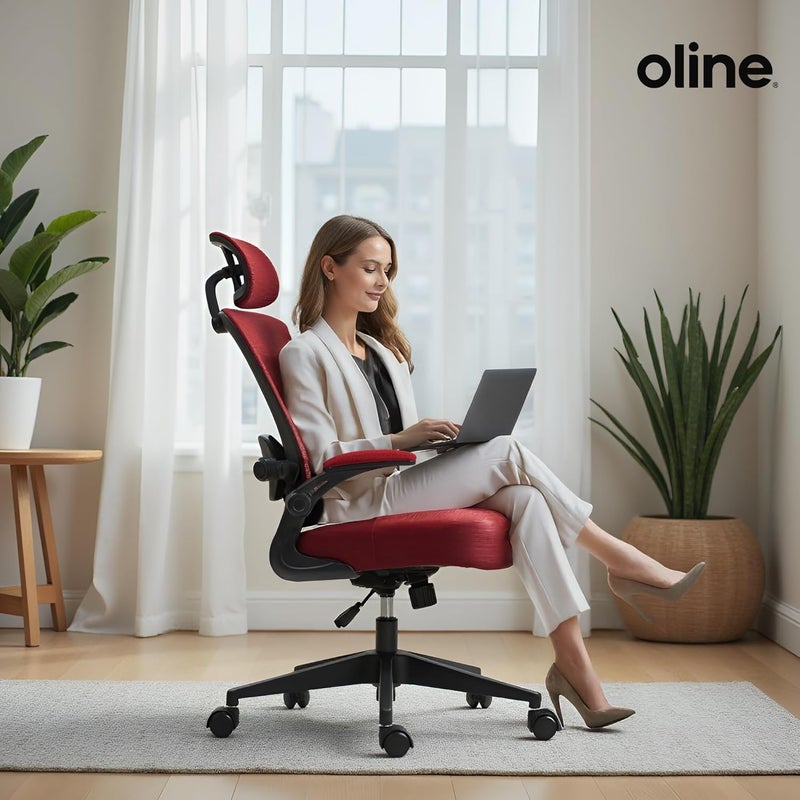 Oline ErgoAir Ergonomic Office Chair – Adjustable Lumbar Support, Flip-Up Armrests, Mesh Computer Desk Chair, Swivel Rolling Executive Gaming Chair for Home & Office (Red) - Image 2